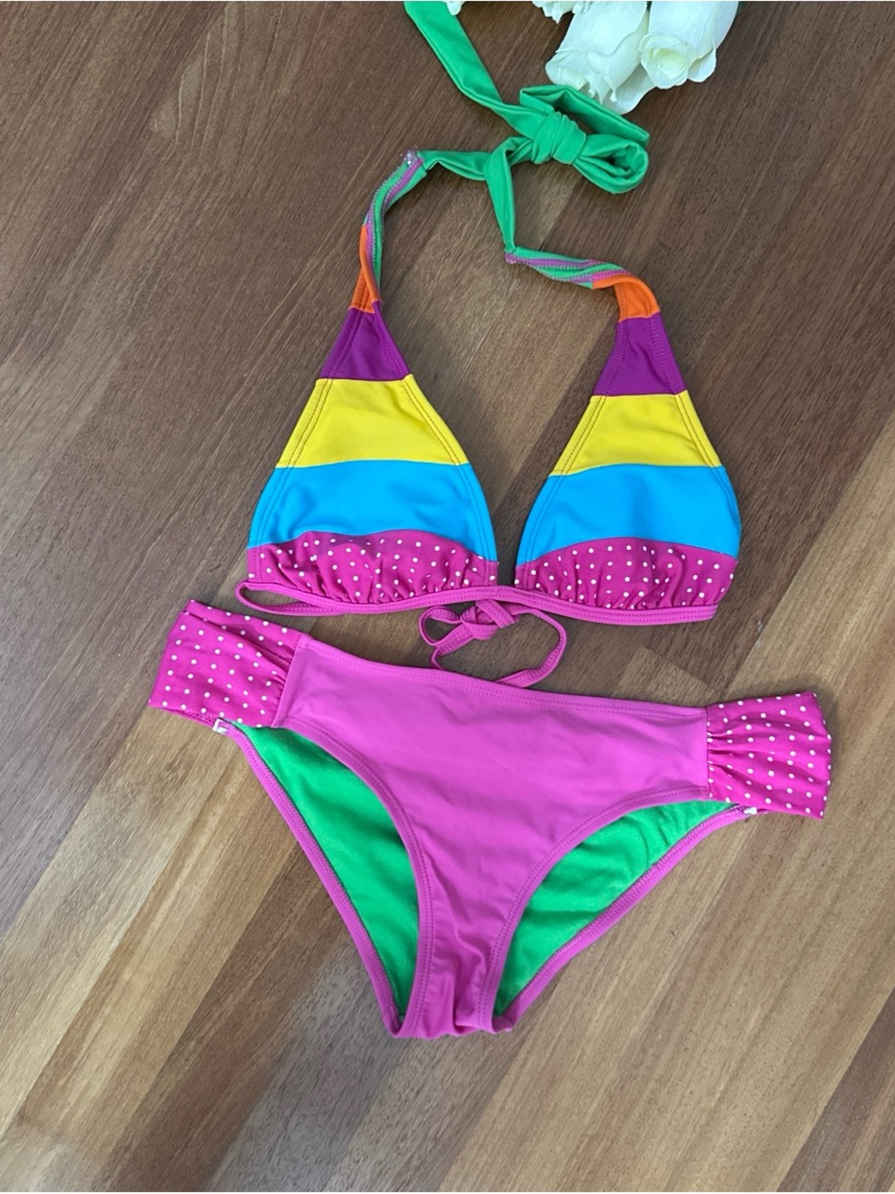 Colorblock Pink & Green Girls Halter Bikini Set